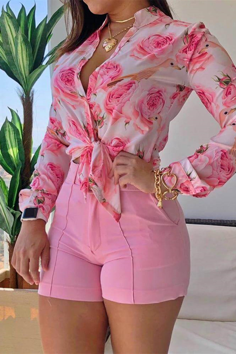 

Pink Fashion Casual Print Basic V Neck Tops