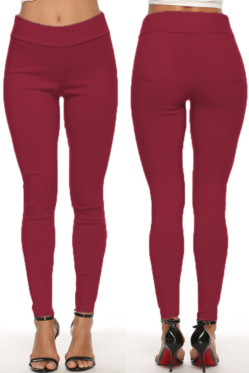 

Burgundy Fashion Casual Solid Basic Skinny High Waist Pencil Trousers