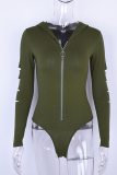 Army Green Sexy Solid Ripped Hooded Collar Skinny Bodysuits
