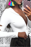 White Sexy Solid Ripped Hooded Collar Skinny Bodysuits