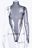 Schwarzer, sexy Rollkragen-Body mit Rollkragen aus festem Netzstoff