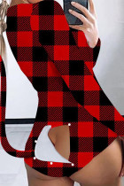 Черно-красный модный облегающий комбинезон с V-образным вырезом и принтом в стиле пэчворк