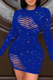 Синий сексуальный сплошной выдолбленный лоскутное платье с круглым вырезом юбка-карандаш платья