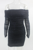 Black Sexy Patchwork Sequins Off the Shoulder Pencil Skirt Dresses