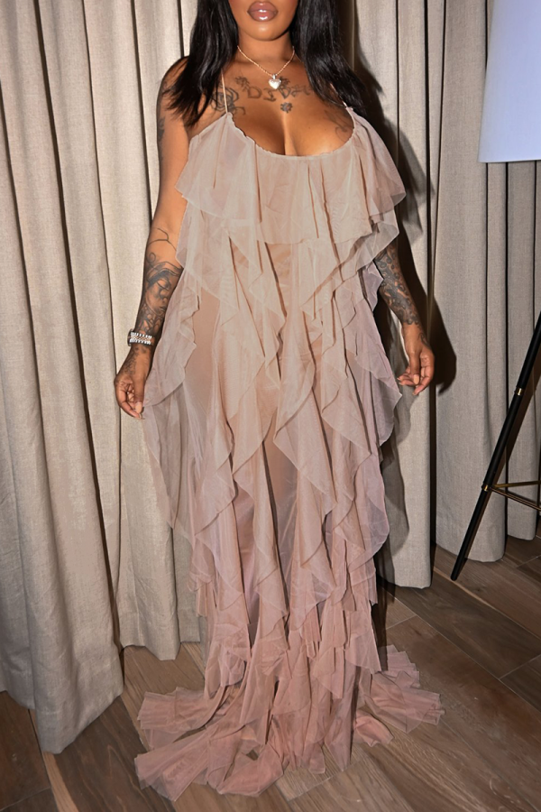 Розовое сексуальное однотонное прозрачное сетчатое платье на тонких бретелях