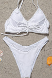 White Sexy Striped Solid Backless Swimwears