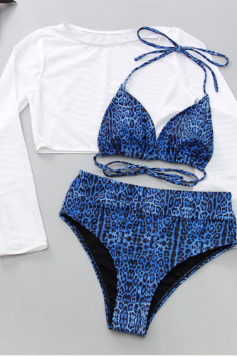 Conjunto de 3 piezas de trajes de baño de color sólido con estampado de malla de leopardo sólido dulce informal azul