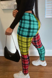 Pantaloni a matita a vita media con stampa scozzese casual multicolore