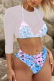 Blå Casual Sweet Solid Leopard Mesh Utskrift Solid Color Swimwear 3 Delar Set
