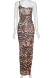 Kaki sexy jurk met dierenprint en patchwork met spaghettibandjes en print