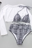 Blue Casual Sweet Solid Leopard Mesh Printing Solid Color Swimwears 3 Piece Set