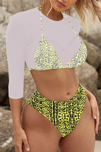 Gul Casual Sweet Solid Leopard Mesh Utskrift Solid Color Swimwear 3 Delar Set