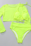 Gul Casual Sweet Solid Leopard Mesh Utskrift Solid Color Swimwear 3 Delar Set