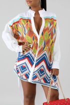 White Casual Print Patchwork Turndown Collar Tops