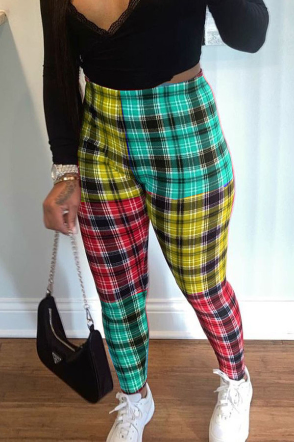 Pantalones de lápiz de cintura media regulares con estampado de cuadros casual multicolor