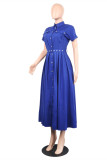 ブルーファッションカジュアルソリッドベルトターンダウンカラー半袖ドレス