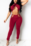 Burgundy Sexy Casual Solid Patchwork O Neck Sleeveless Two Pieces