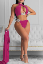 Conjunto de trajes de banho rosa vermelho fashion sexy sólido vazado