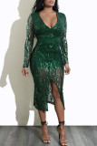 Vestido de noite verde tinta moda sexy patchwork lantejoulas com fenda transparente e decote em V