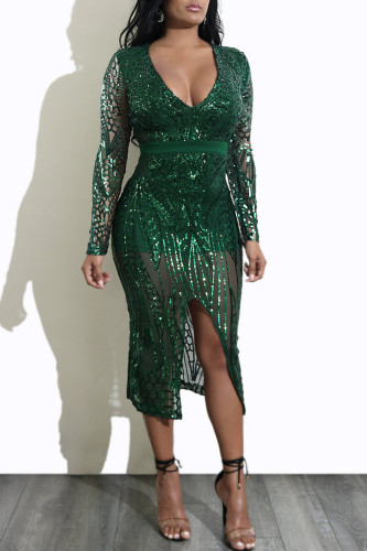 Vestido de noche con escote en V y abertura transparente con lentejuelas de patchwork sexy de moda verde tinta