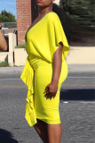 Vestido de manga curta casual fashion amarelo com dobra sólida decote em V