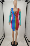 Djupblått mode sexigt lapptäcke Designad med urholkad rem Asymmetrisk långärmad klänning med o-hals