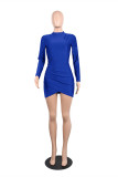Färg Blå Mode Casual Solid Asymmetrisk O-hals långärmade klänningar