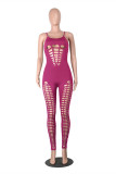 Roze Mode Sexy Effen Gescheurde Uitgeholde Backless Spaghetti Band Skinny Jumpsuits