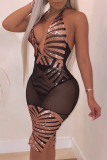 Schwarze Mode Sexy Patchwork Pailletten Durchsichtiges rückenfreies ärmelloses Kleid mit Neckholder