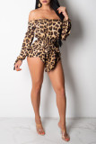 Macacão regular com estampa de leopardo sexy casual sem costas sem ombro