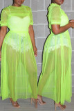 蛍光グリーンファッションセクシーなソリッドシースルーOネック半袖ドレス