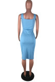 Lichtblauwe mode sexy effen asymmetrische slip asymmetrische jurken