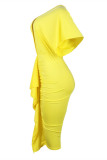 イエローファッションカジュアルソリッドフォールドVネック半袖ドレス