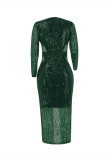 Vert d'encre mode sexy patchwork paillettes transparent fente col en V robe de soirée