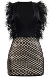 Черное модное сексуальное лоскутное платье с блестками и V-образным вырезом без рукавов