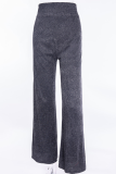 Lentejuelas casuales plateadas Patchwork Cintura alta recta Pierna ancha Pantalones de color sólido