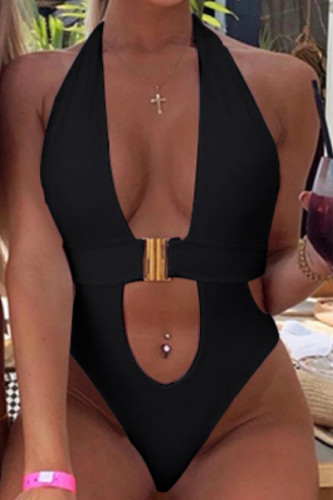 Black Sexy Pierced Solid Color Swimwears