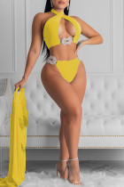 Conjunto de trajes de banho amarelo fashion sexy sólido vazado