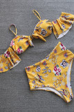 Yellow Sexy Print Backless Flounce Swimwears