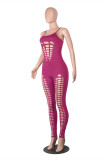 Rosa mode Sexig solid sliten urholkad rygglös spaghettiband Skinny jumpsuits