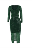 Vestido de noite verde tinta moda sexy patchwork lantejoulas com fenda transparente e decote em V