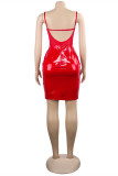 Red Sexy Patchwork Solid See-through Backless Spaghetti Strap Sleeveless Dress