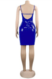 Blue Sexy Patchwork Solid See-through Backless Spaghetti Strap Sleeveless Dress