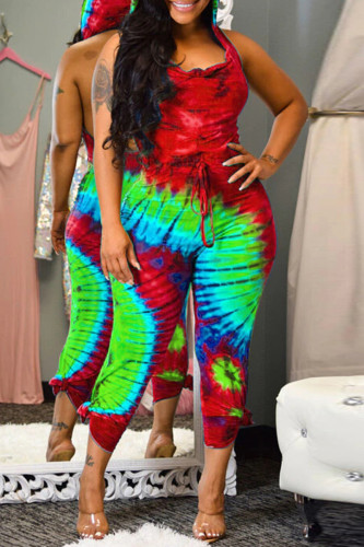 Combinaisons sexy décontracté imprimé tie-dye dos nu col à capuche régulier rouge