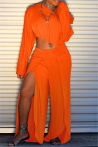 Arancione moda casual solido patchwork fessura colletto obliquo manica lunga due pezzi
