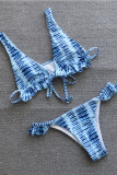 Blue Sexy Print Solid Flounce Swimwears