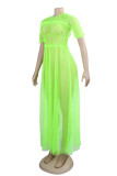 Fluorescerende groene mode sexy effen doorschijnende O-hals jurk met korte mouwen