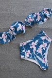 Blue Sexy Print Backless Flounce Swimwears