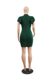 Grönt mode Sexig solid urholkad kortärmad klänning med turtleneck