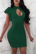 Groene mode sexy effen uitgeholde coltrui jurk met korte mouwen